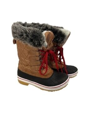 Wild Diva Rain Snow Boots Sz 6 Womens Round Toe Faux Fur Lined Lace Up Mid Calf